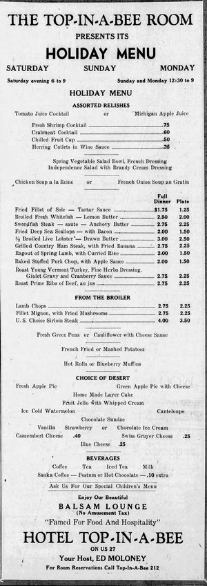 Hotel Top-In-A-Bee - Jul 2 1948 4Th Of July Menu